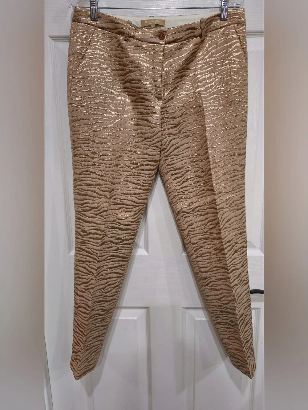 Michael Kors Beige Zebra-Print Skinny Pants with Gold Thread